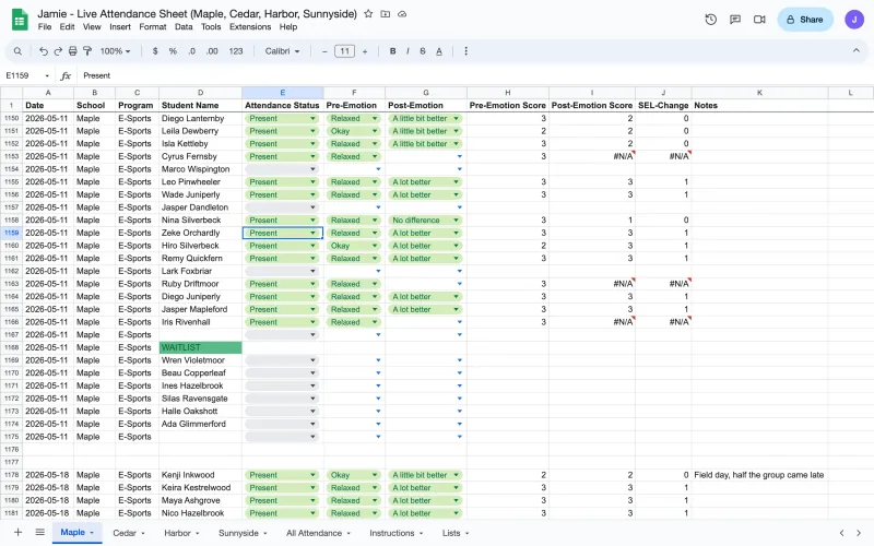 A spreadsheet in the style of one instructor's workbook, a tab for each school and a row for each student at each session.