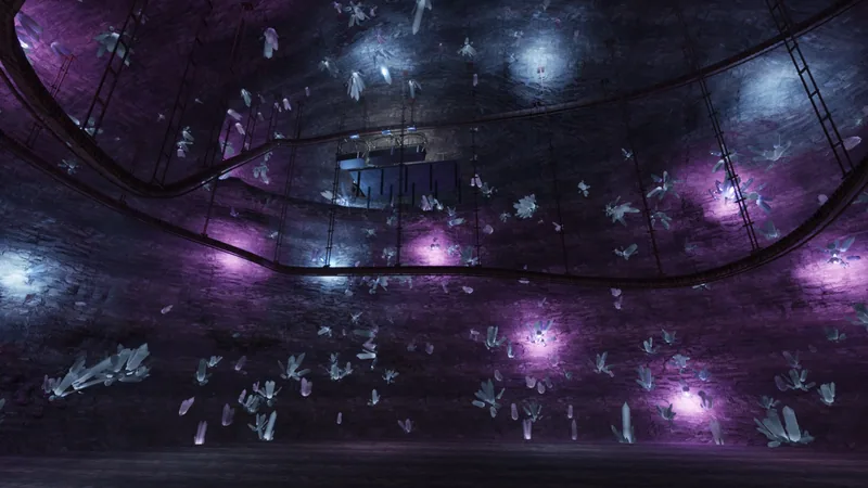 A suspended coaster track winding through a cavern lit by violet crystals.