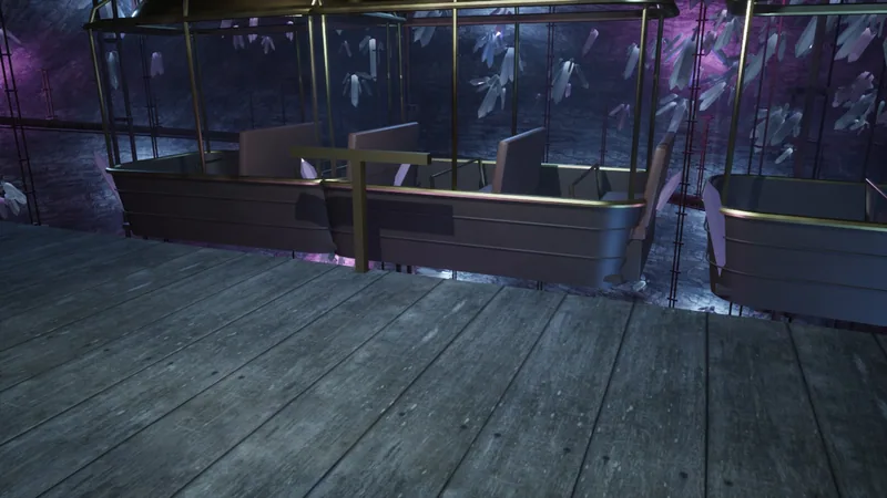 A gondola car on a wooden platform inside a crystal cave.