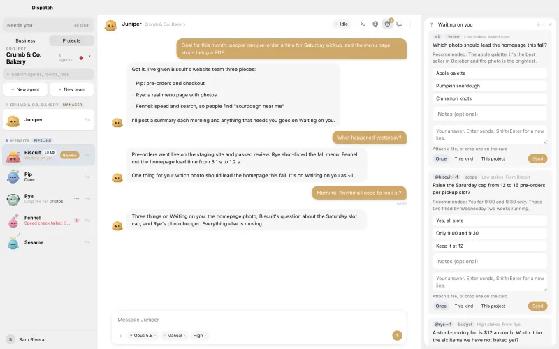 Studio on a Mac, bakery agents as blobs showing idle, working, error, and sleeping, Juniper's chat about yesterday, and Waiting on you choice cards.
