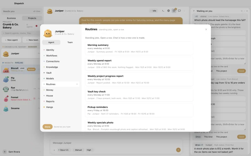 An agent's Routines settings, with each job's schedule, last outcome, and next run, from the weekday 8:00 summary to Friday pickup reminders.