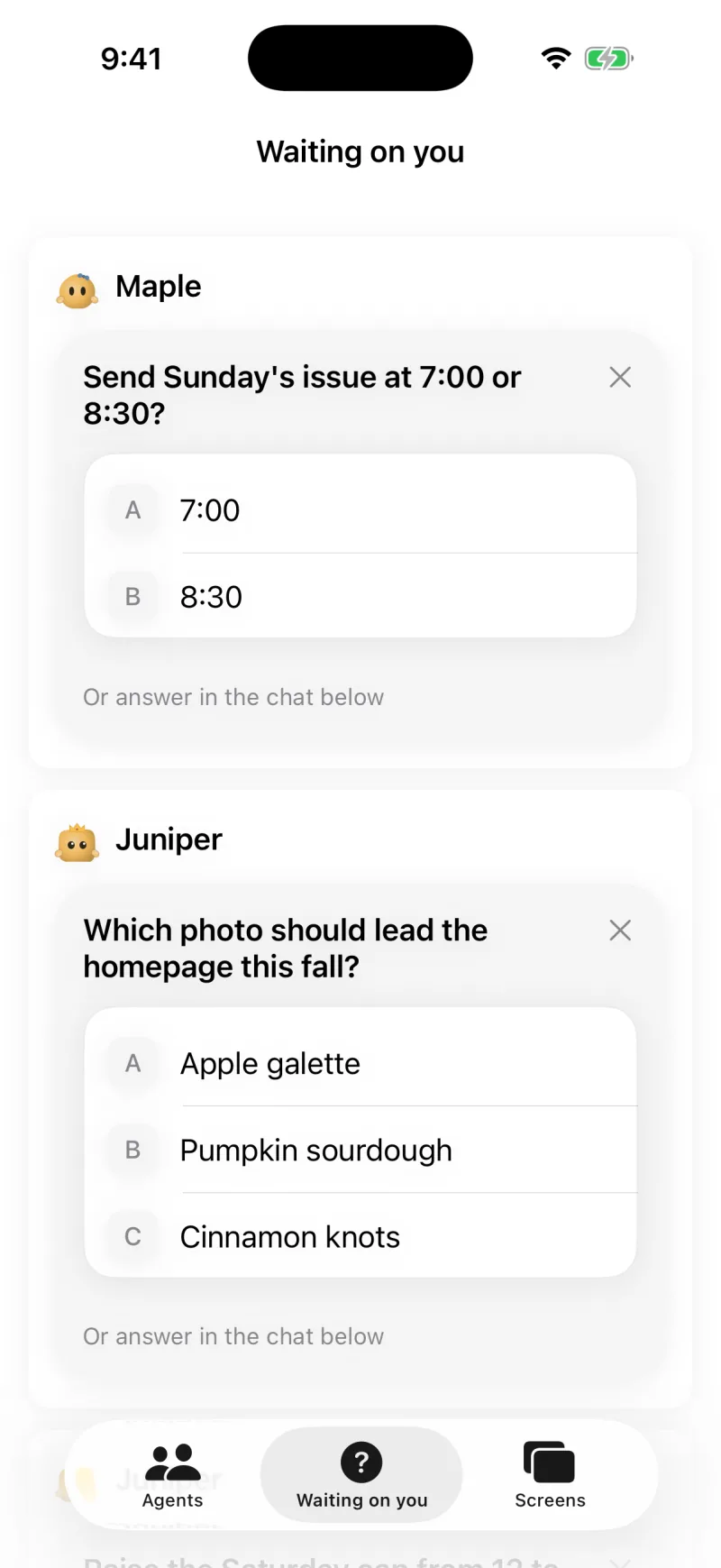 The iPhone Waiting on you tab, Maple asking 7:00 or 8:30 for Sunday's issue and Juniper asking which photo leads the homepage, both with lettered answers.