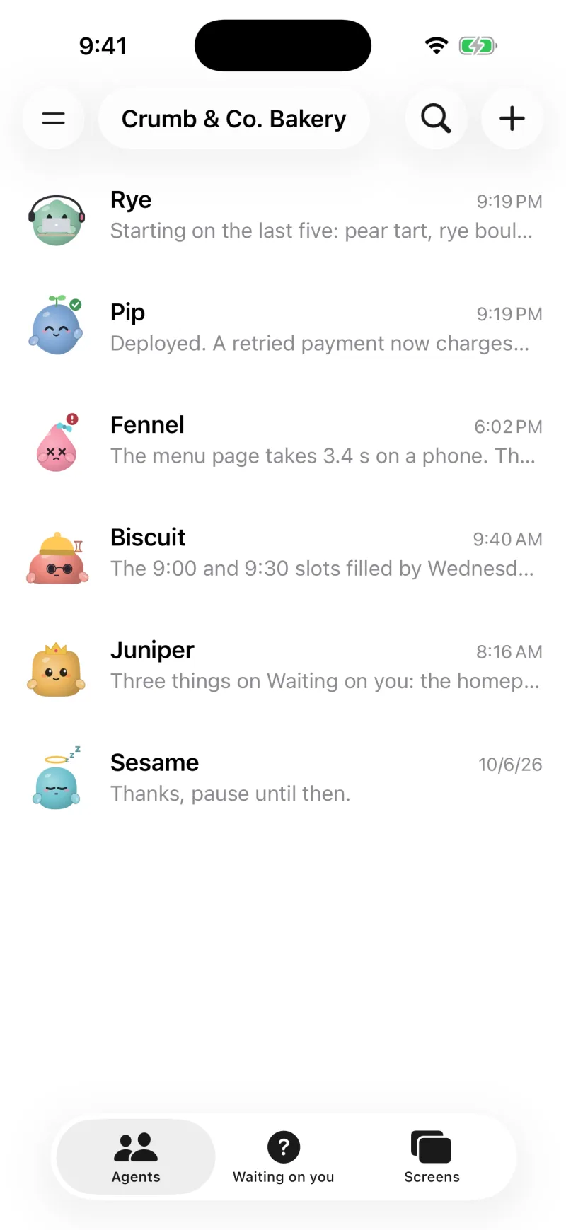 Crumb & Co. Bakery's Agents tab on iPhone shows each blob, name, last message, and mood, with Rye working, Pip done, Fennel error, Biscuit waiting, Juniper idle, and Sesame sleeping.