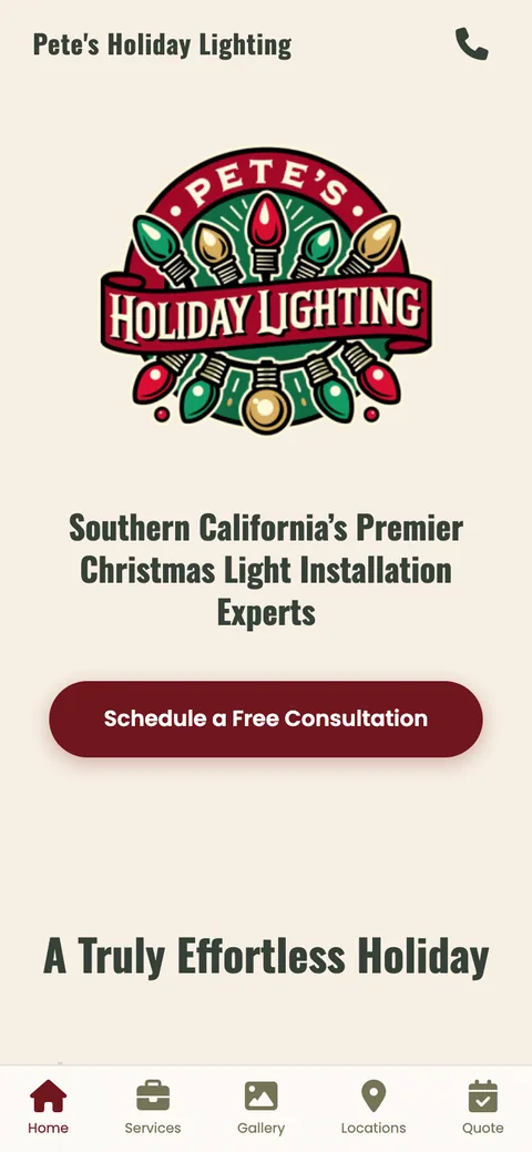 The phone home page: the company's badge logo and a Schedule a Free Consultation button above a bottom tab bar.