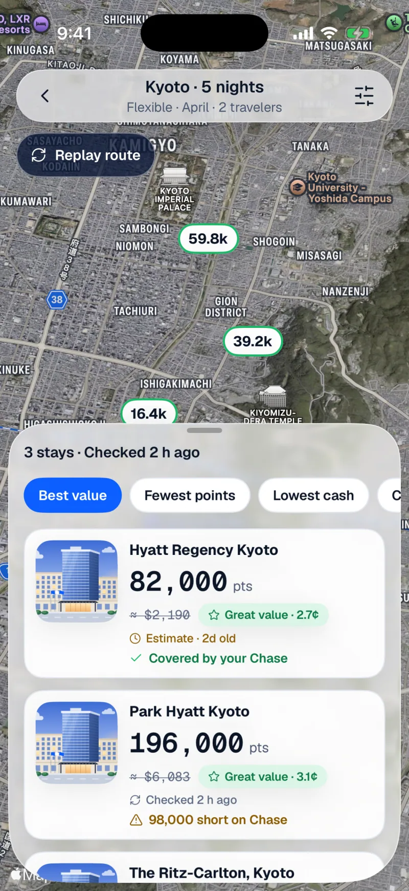 A satellite map of Kyoto with a pin on each stay, and result cards that carry a verdict chip.