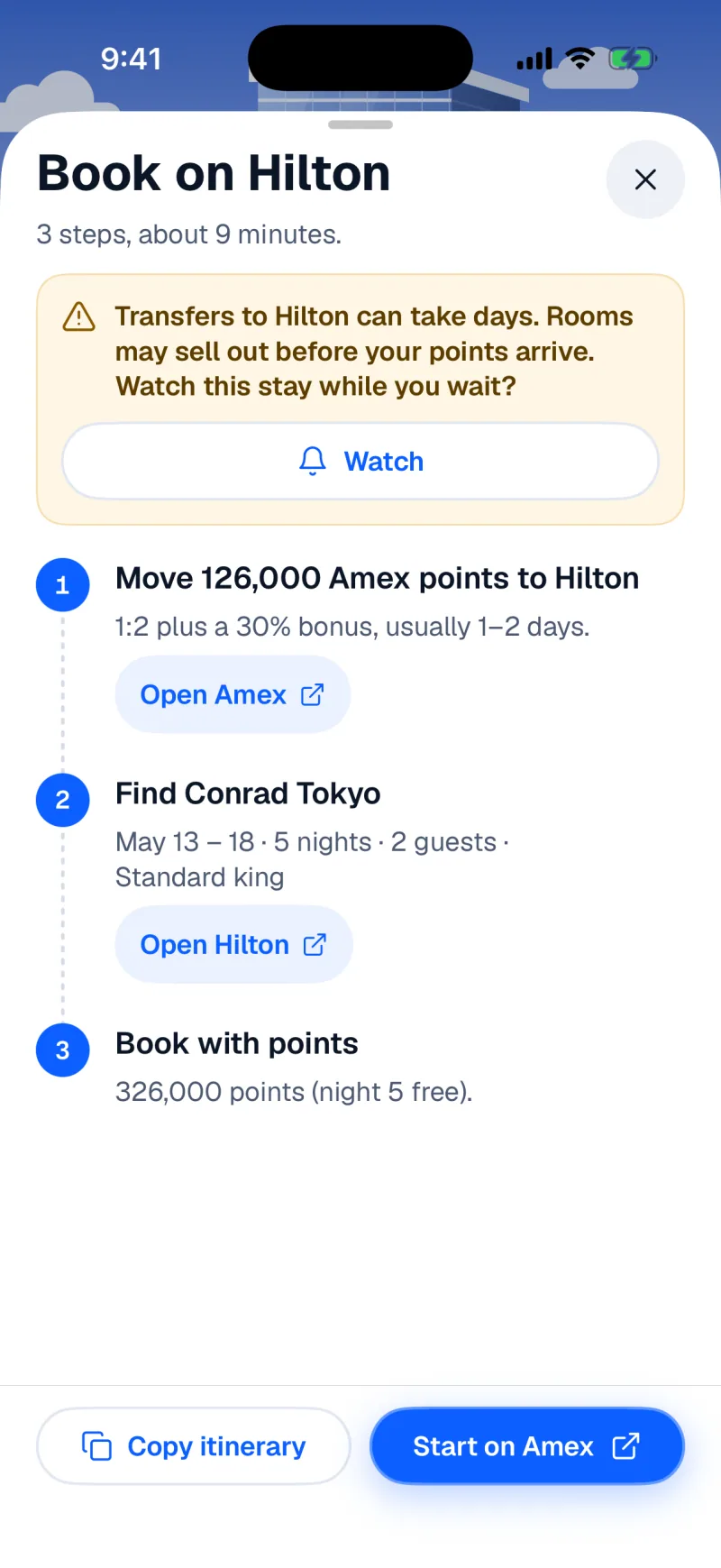 A Book on Hilton panel with three steps, a sell-out warning, and a Watch control that does not book the stay.
